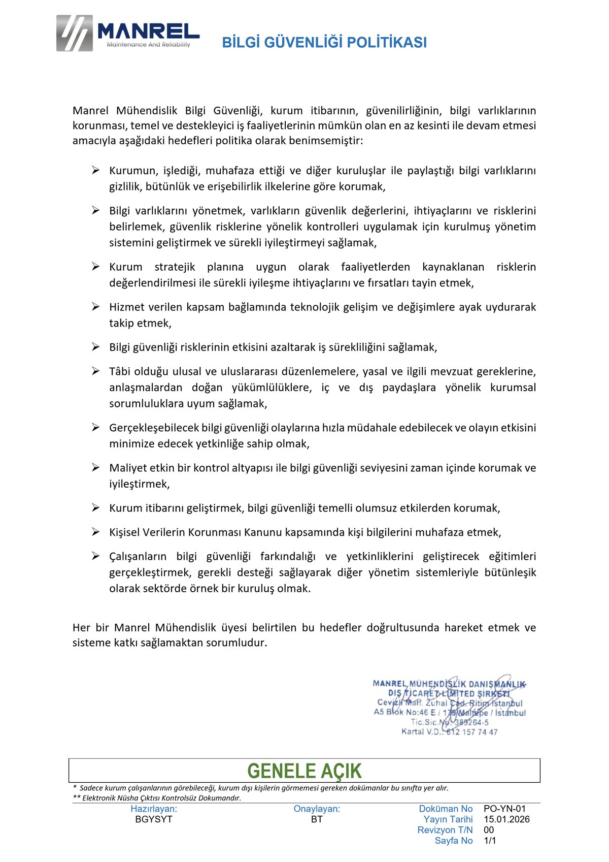 MANREL Bilgi Güvenliği Politikası (Doküman No: PO-YN-01, Yayın: 15.01.2026)